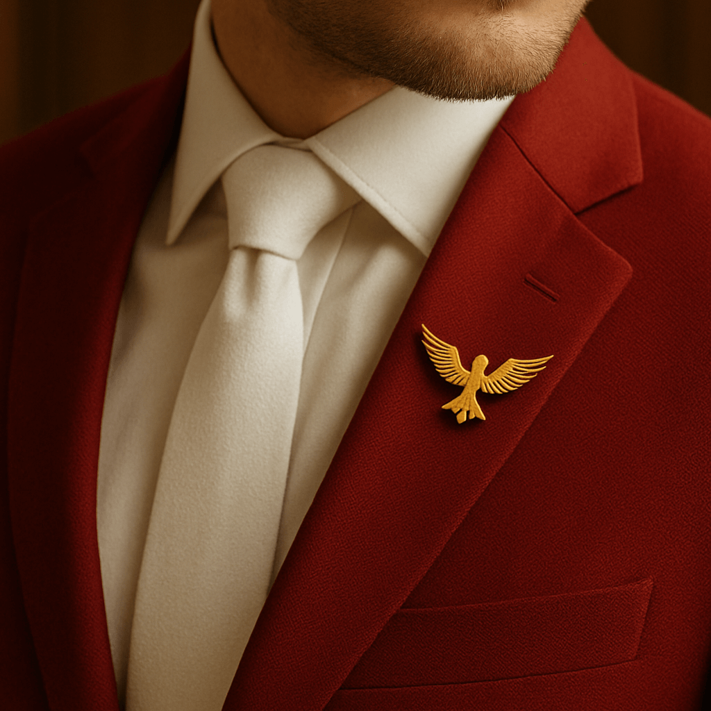 Stylish silver bird brooch on men’s blazer – luxury lapel pin for formal outfits