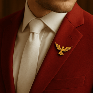 Stylish silver bird brooch on men’s blazer – luxury lapel pin for formal outfits