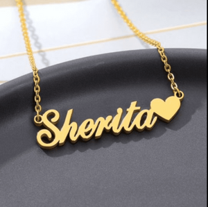 22K gold plated name necklace featuring the name Sherita with a heart charm