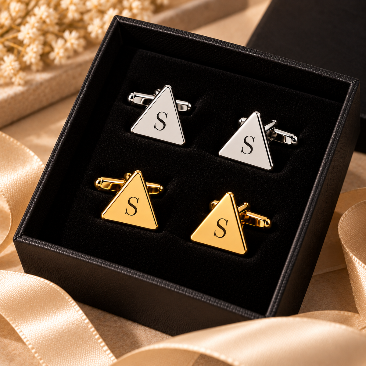 Personalized silver and gold triangular cufflinks with black engraved S initials in a luxury black gift box
