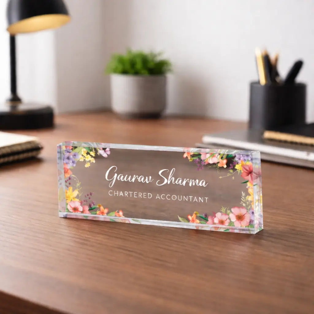 Custom acrylic name plate for office desk with elegant font and corporate background