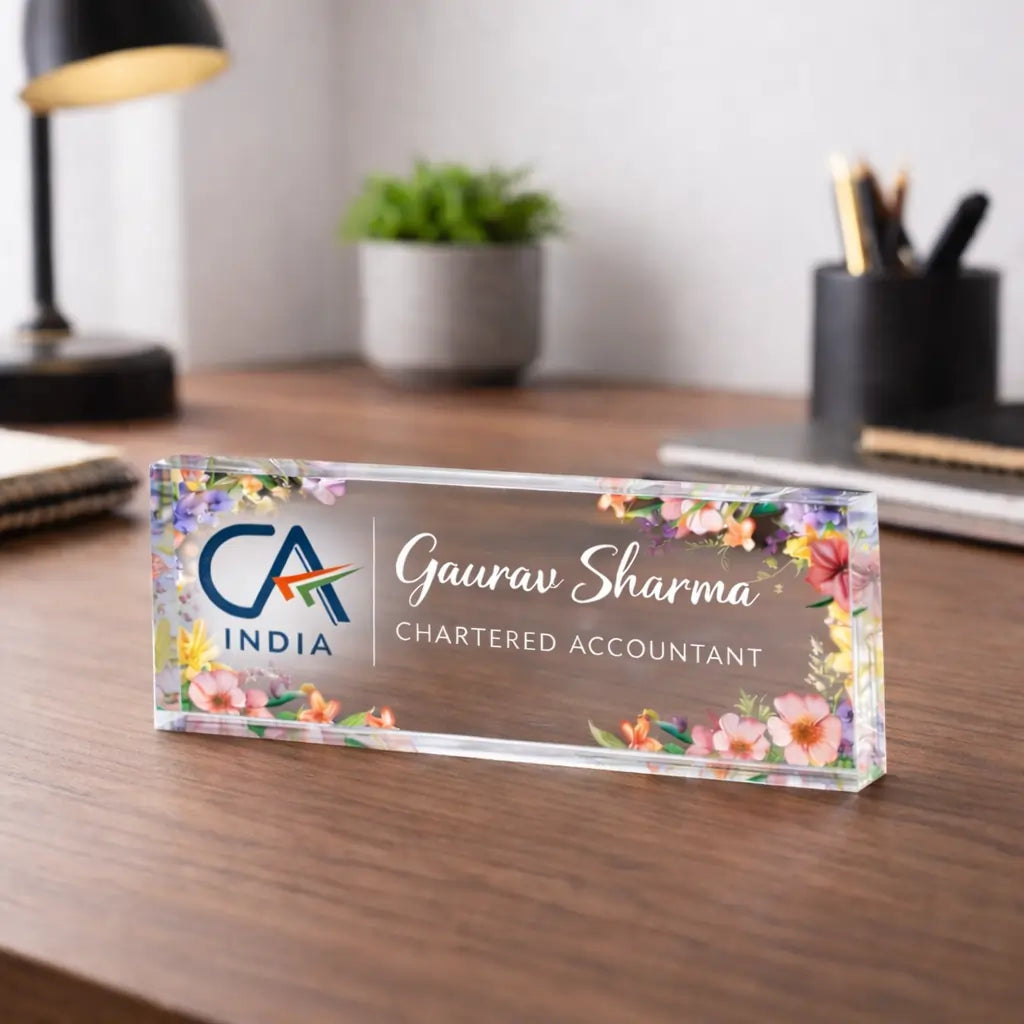 Premium personalized desk nameplate made of clear acrylic for all professions