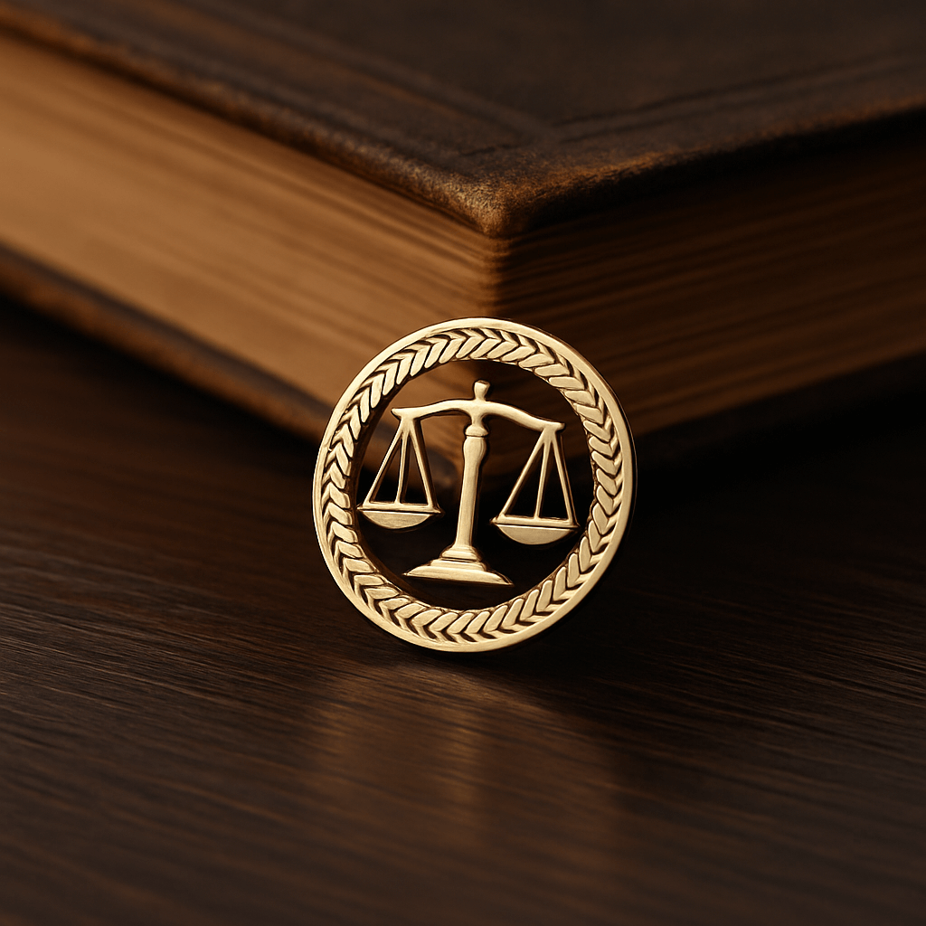 Gold Advocate Brooch for Lawyers featuring justice scale emblem placed on wooden surface near law book.