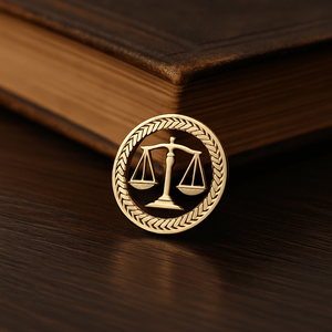 Gold Advocate Brooch for Lawyers featuring justice scale emblem placed on wooden surface near law book.