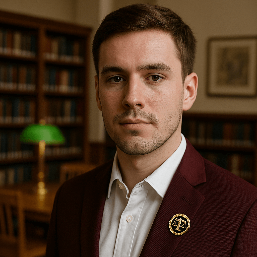 Advocate Brooch for Lawyers worn on a formal blazer in a law library setting, featuring justice scale emblem.