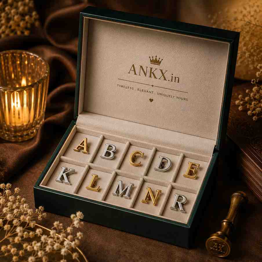 Alphabet letter pins displayed in an open ANKX.in branded gift box