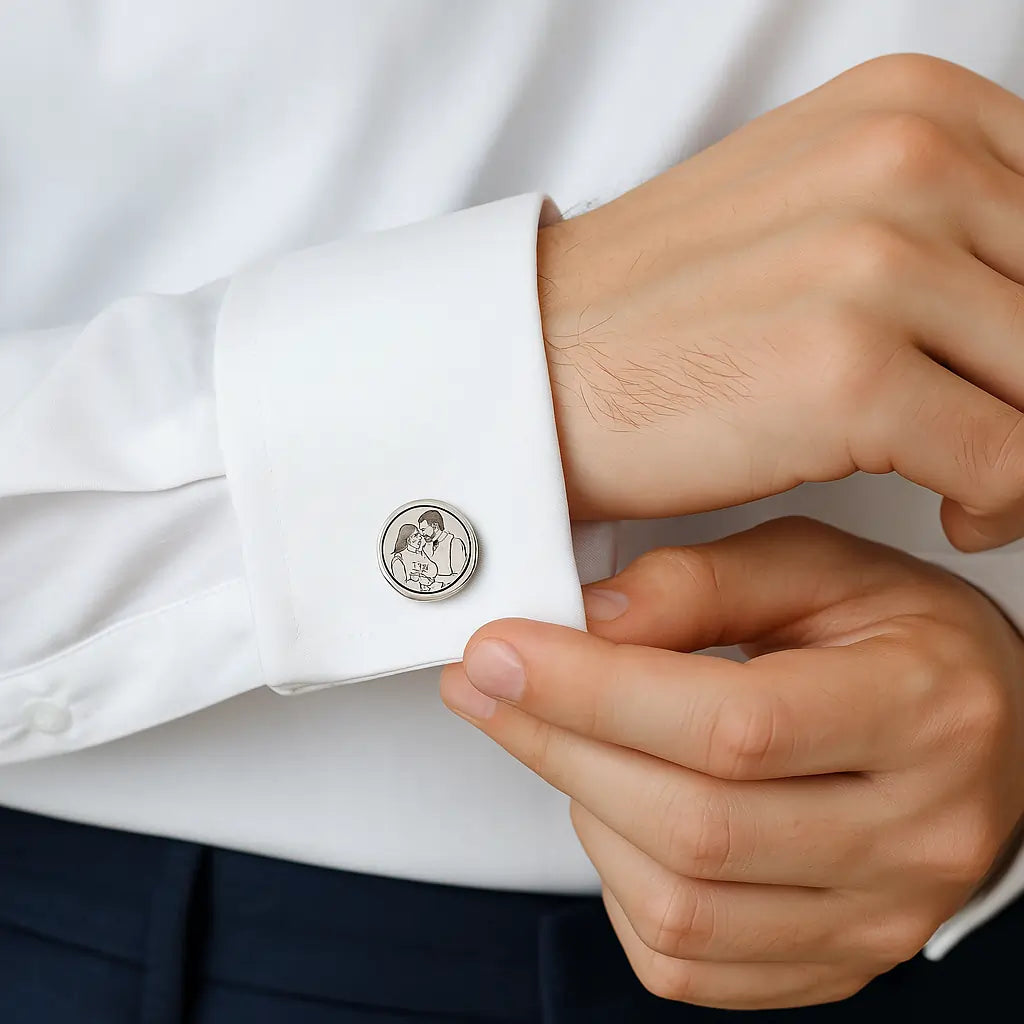 Personalized Couple Photo Cuff Pin on white shirt cuff stylish look.