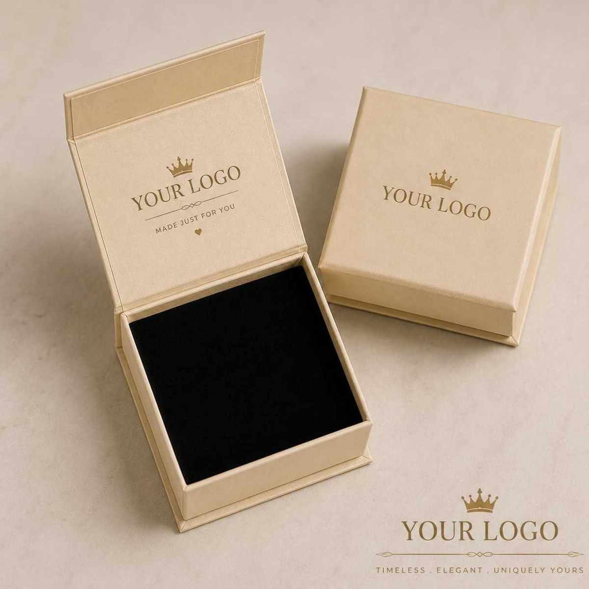 Cream magnetic gift box with custom logo, open and closed views
