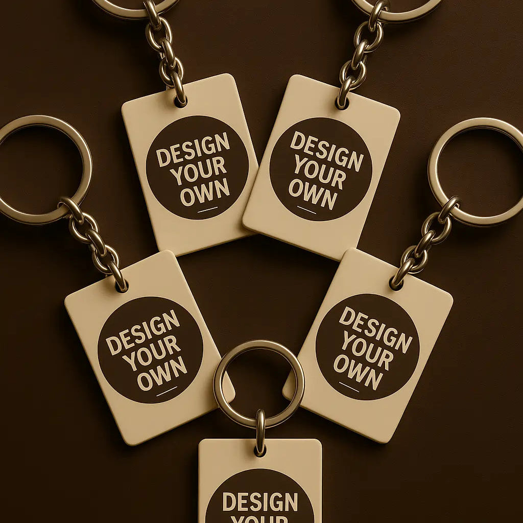Custom design your own keychain displayed in a flat lay arrangement – personalized keychain template for gifting.