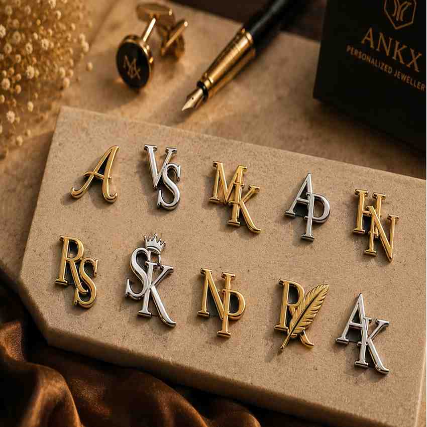 Gold and silver monogram initial pins displayed with cufflinks and a fountain pen.