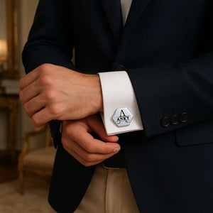 Luxury designer cufflinks for men with monogram engraving on formal shirt cuff