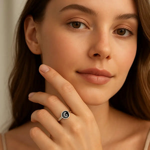 Minimalist Custom Alphabet Ring worn by woman with initial design.