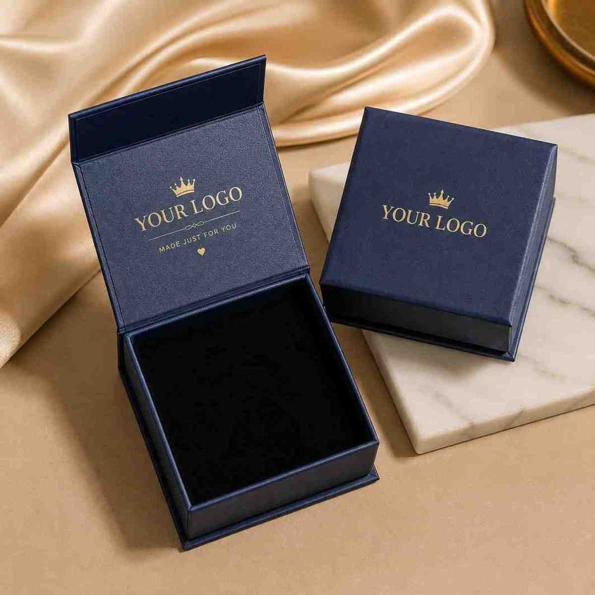 Navy blue magnetic gift box with custom logo, open and closed views