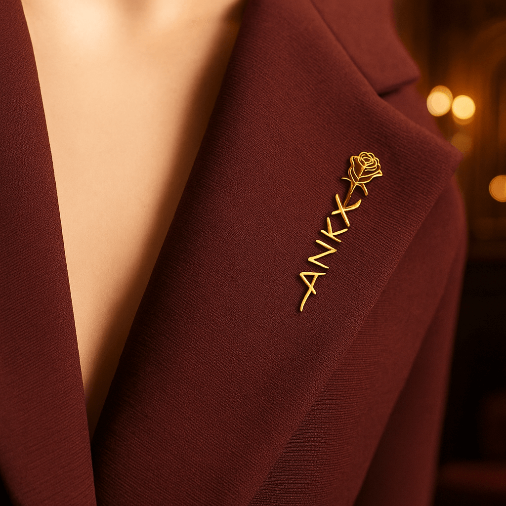 Personalized name brooch pin – gold rose name design on blazer