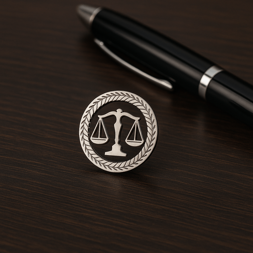 Silver Advocate Brooch for Lawyers with justice scale symbol placed on a wooden desk beside a black pen.