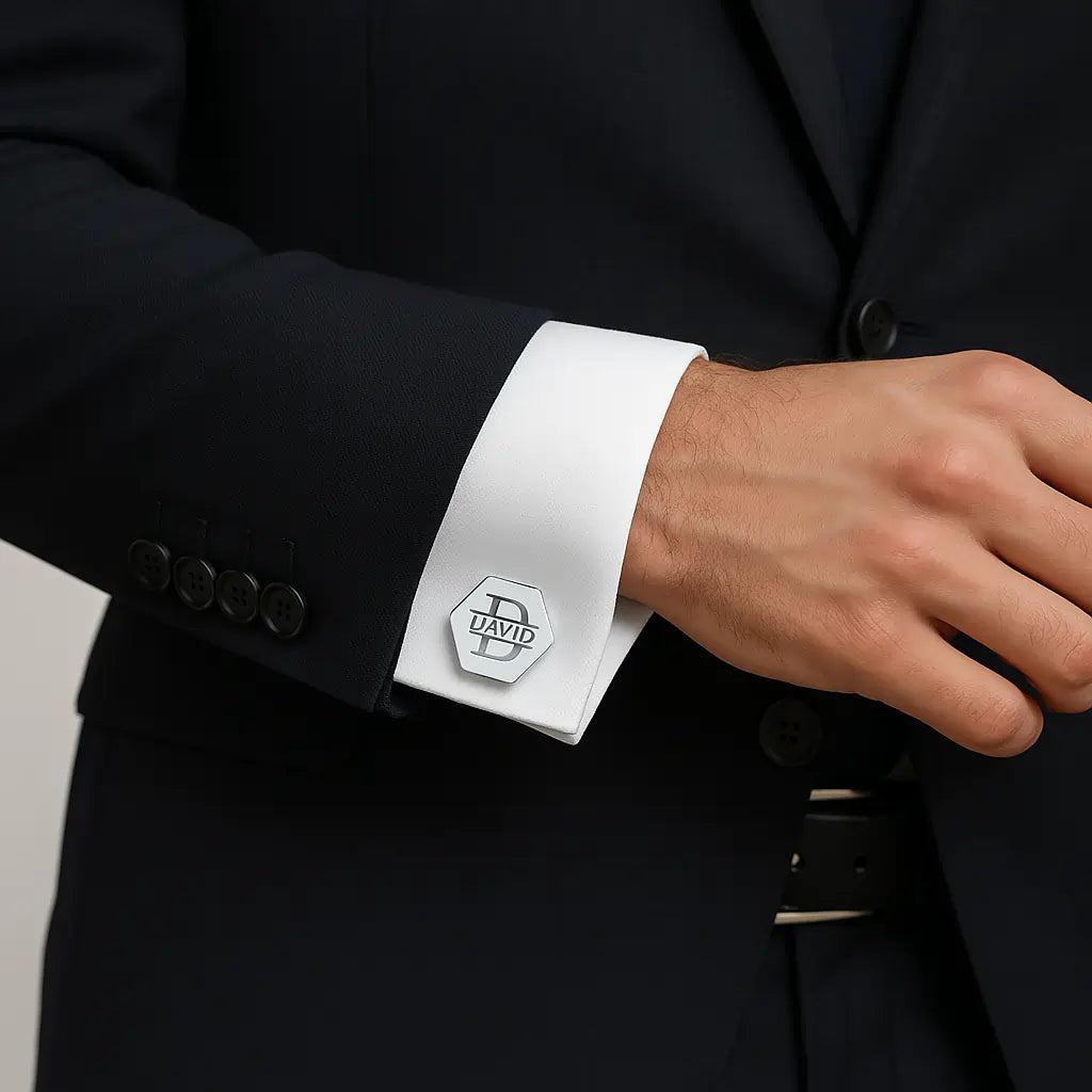 Stylish engraved cufflinks for men in business formal outfit