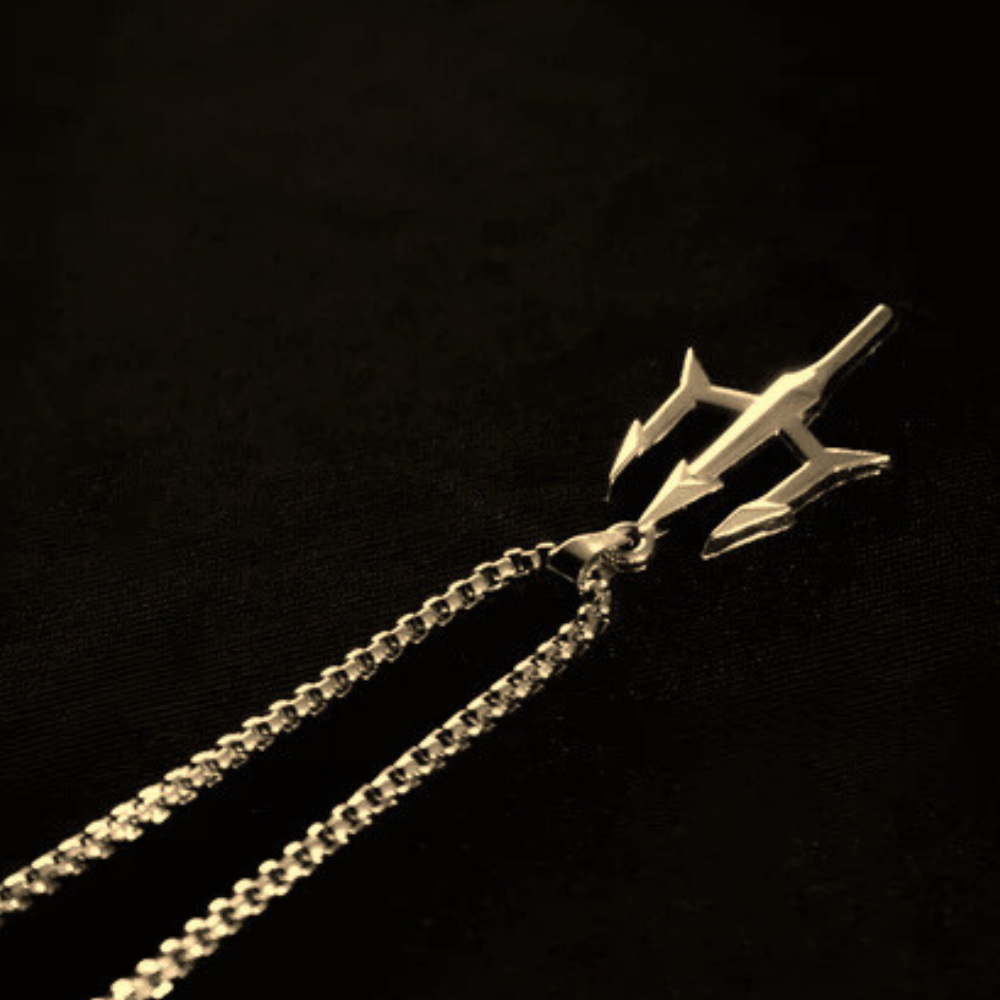 Shiva Trishul pendant necklace in silver tone with intricate design and chain for stylish wear