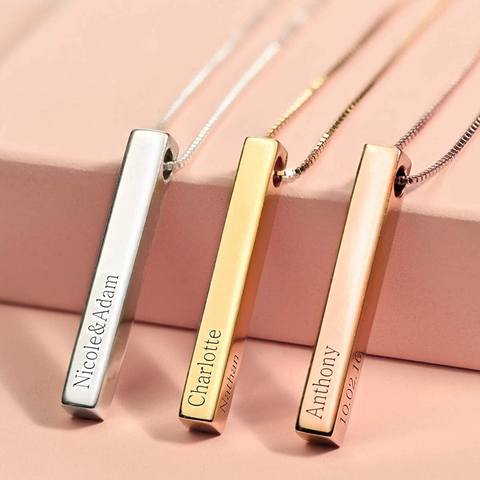 Custom Personalized 4 Sided Vertical Engraved Bar Name Necklace