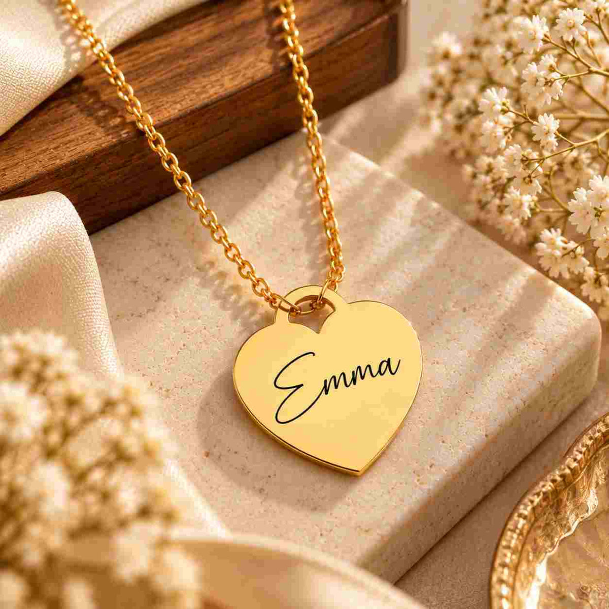 Gold Emma heart necklace displayed on a luxury marble surface with soft floral accents