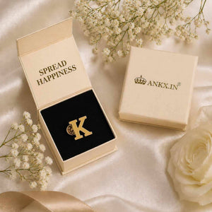 Alphabet brooch pin letter K in Ankx gift box packaging with flowers for gifting 