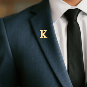 Elegant gold initial letter brooch pin worn on a suit jacket lapel for a stylish look