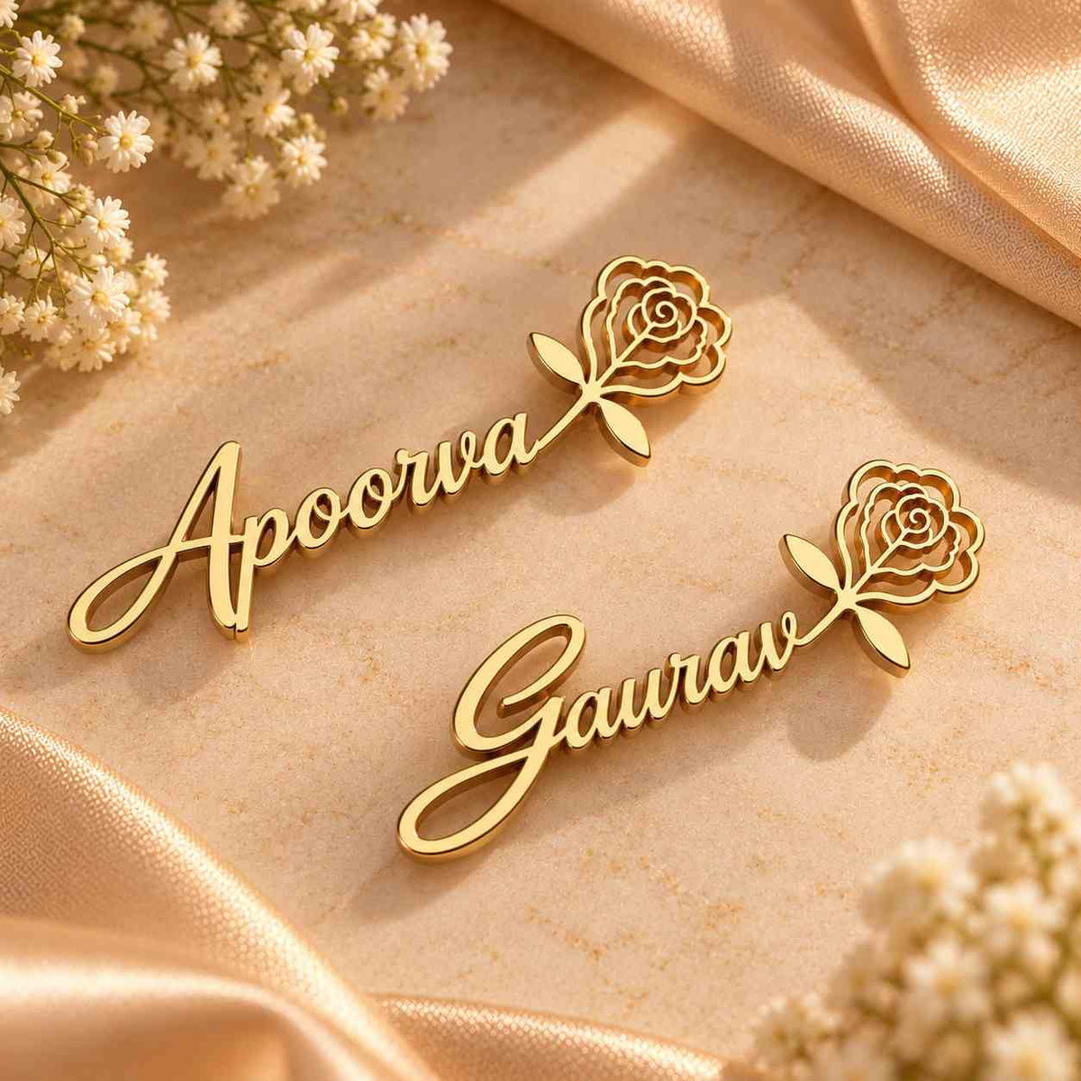 Personalized Gold Name Plaques with Floral Design for Apoorwa and Gaurav