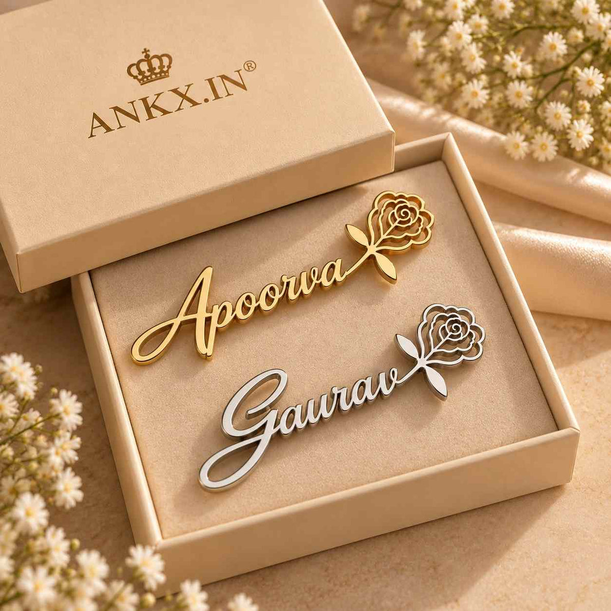 Ankx.in Personalized Name Pins in Gold and Silver with Rose Design, for Custom Gifts