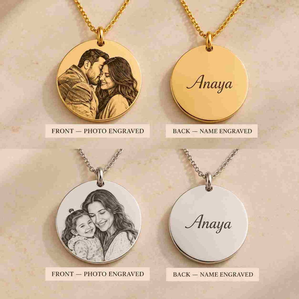 Custom Necklace For Her with Gold and Silver Photo Engraved Disc featuring name Anaya on the back