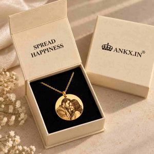 Custom Necklace For Her featuring a personalized gold pendant with an engraved romantic couple design