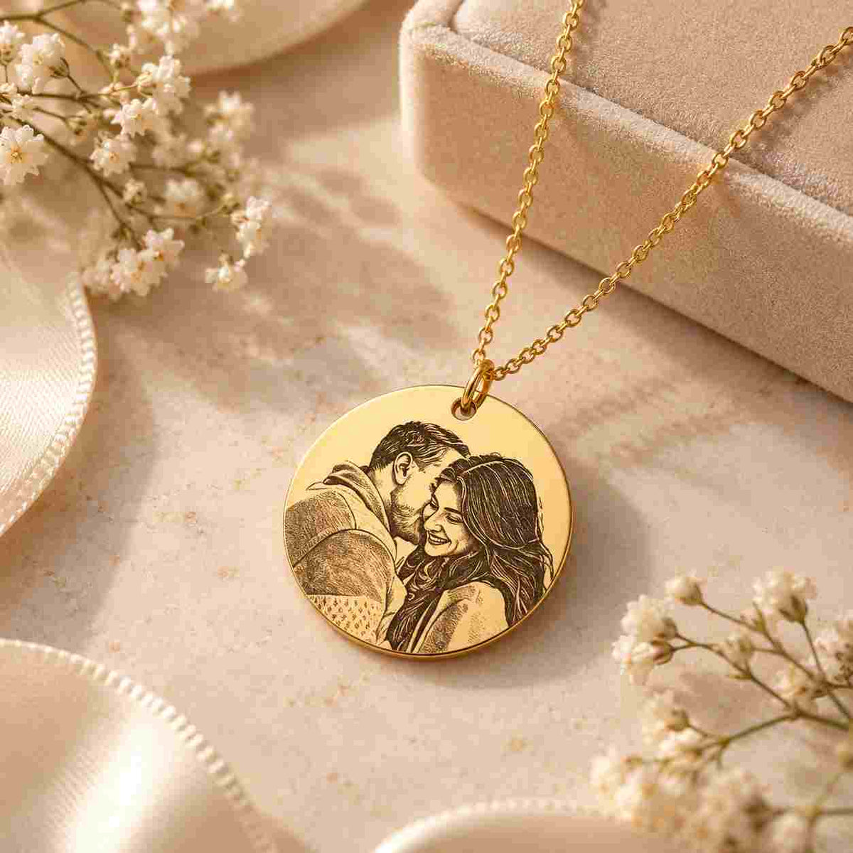 Custom Necklace for Her with Personalized Photo Engraving in Gold Finish