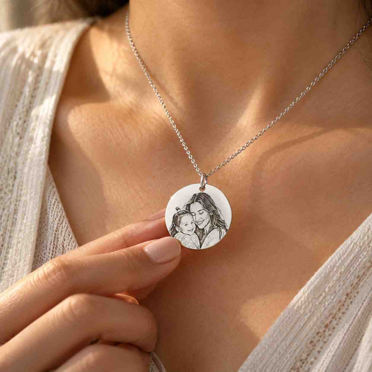 Custom Necklace For Her featuring a silver pendant with a personalized photo engraving