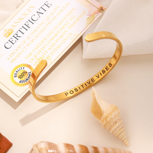 Gold tone Name Bracelet with positive vibes engraving by Ankx in stylish open cuff design
