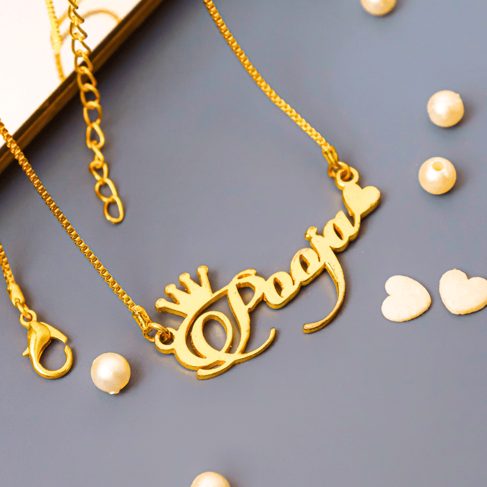 Gold plated Name Necklace Crown And Heart design with adjustable chain and decorative pearls
