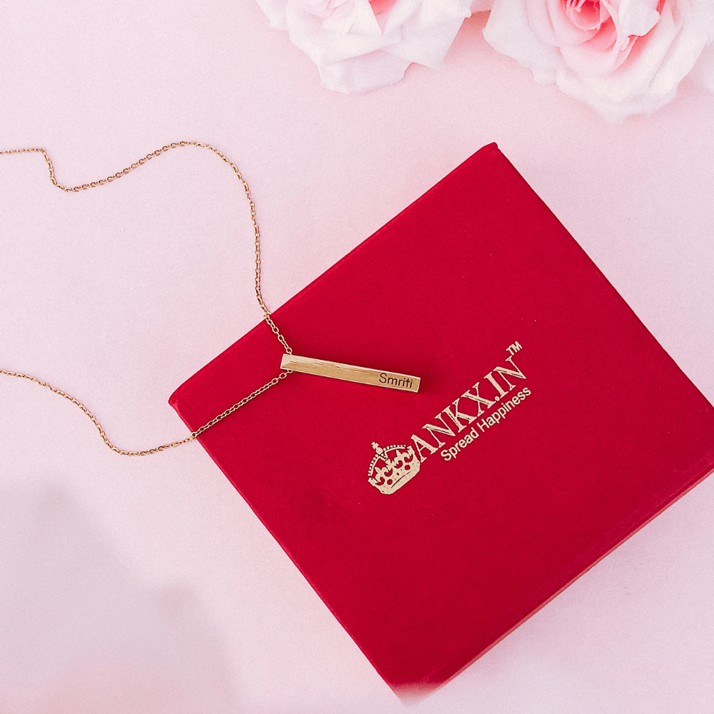 Gold bar necklace from Ankx.in featuring a customizable name, perfect for personalised jewellery pieces