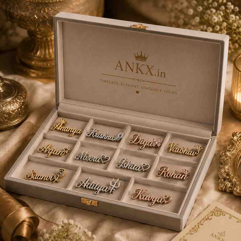 Personalized name pins displayed in an open ANKX.in branded gift box