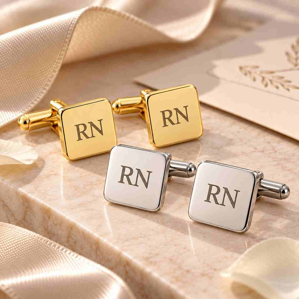 Personalized RN Cufflinks for Mens in Gold and Silver Finish on a Marble Surface