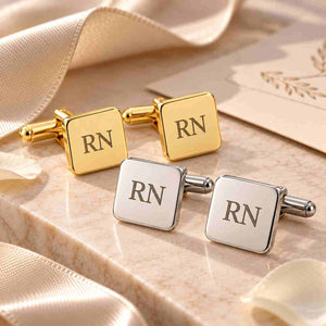 Personalized RN Cufflinks for Mens in Gold and Silver Finish on a Marble Surface