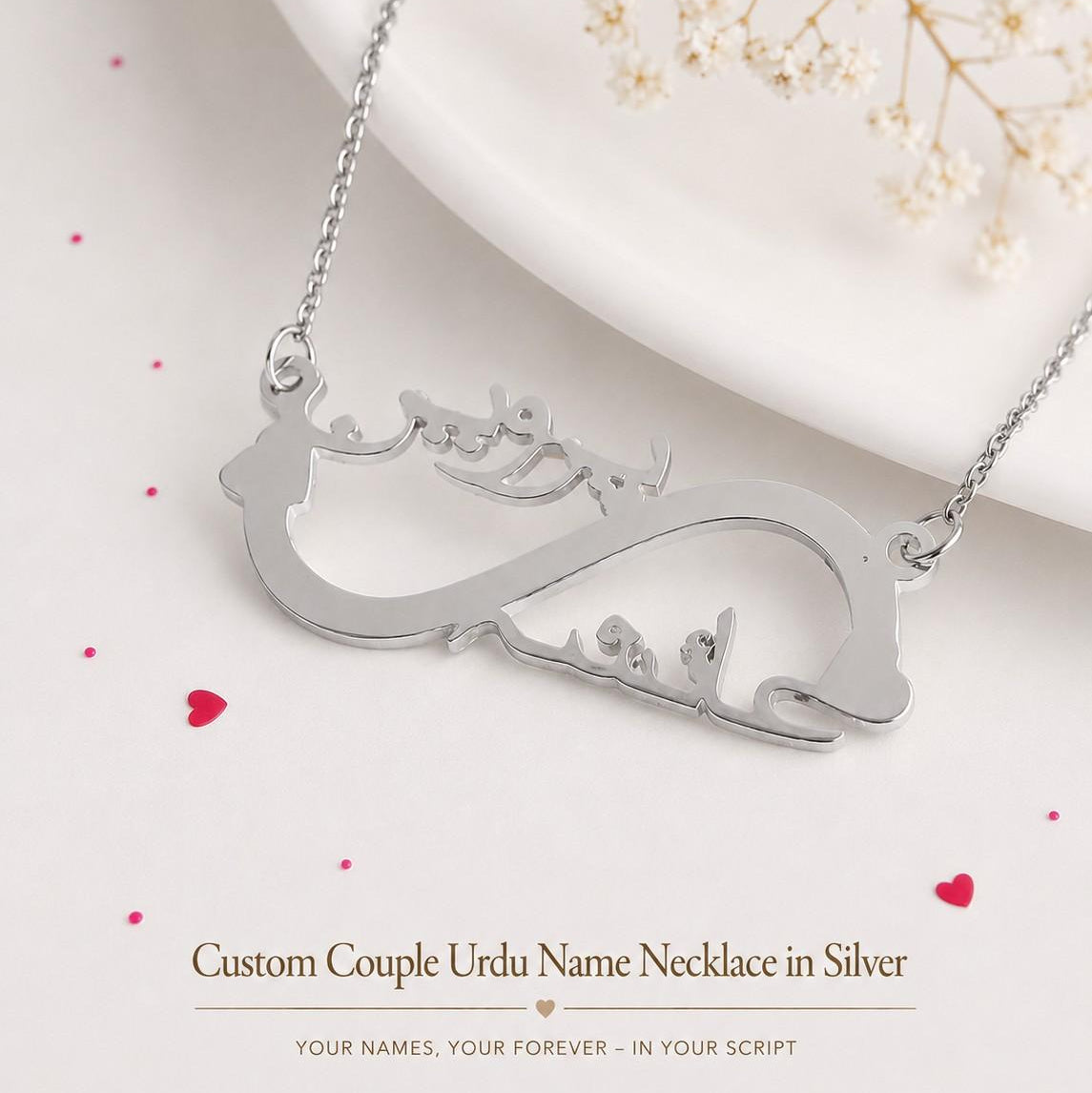 Custom Couple Urdu Name Necklace in Silver – Personalized Urdu Name Jewelry for Couples, Custom Silver Name Pendant Gift by ANKX