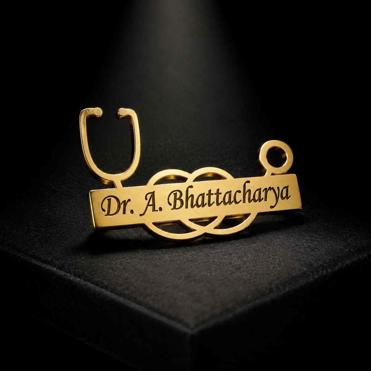 CUSTOM DOCTOR PIN in gold with personalized name Dr. A. Bhattacharya and stethoscope design