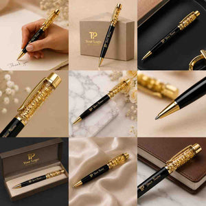 Collage of custom engraved crystal pen with logo and name, shown in gift box, on marble, notebook, and in use