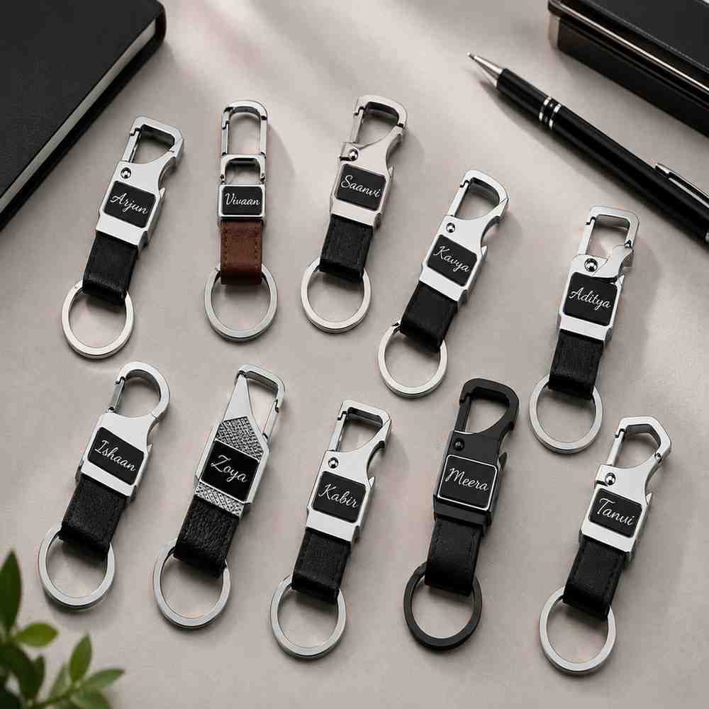 Ten leather keychains engraved with different names, arranged for bulk corporate gifting