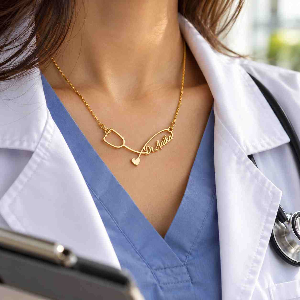 Custom Gift for Doctors Gold Necklace with Name Dr. Anita and Stethoscope Design