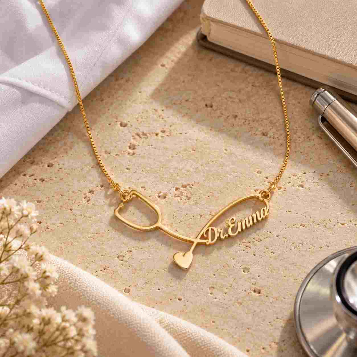 Personalized Gold Necklace with the name Dr. Emma, a heart and stethoscope design, ideal as a Custom Gift for Doctors