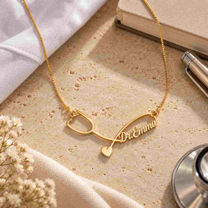 Personalized Gold Necklace with the name Dr. Emma, a heart and stethoscope design, ideal as a Custom Gift for Doctors