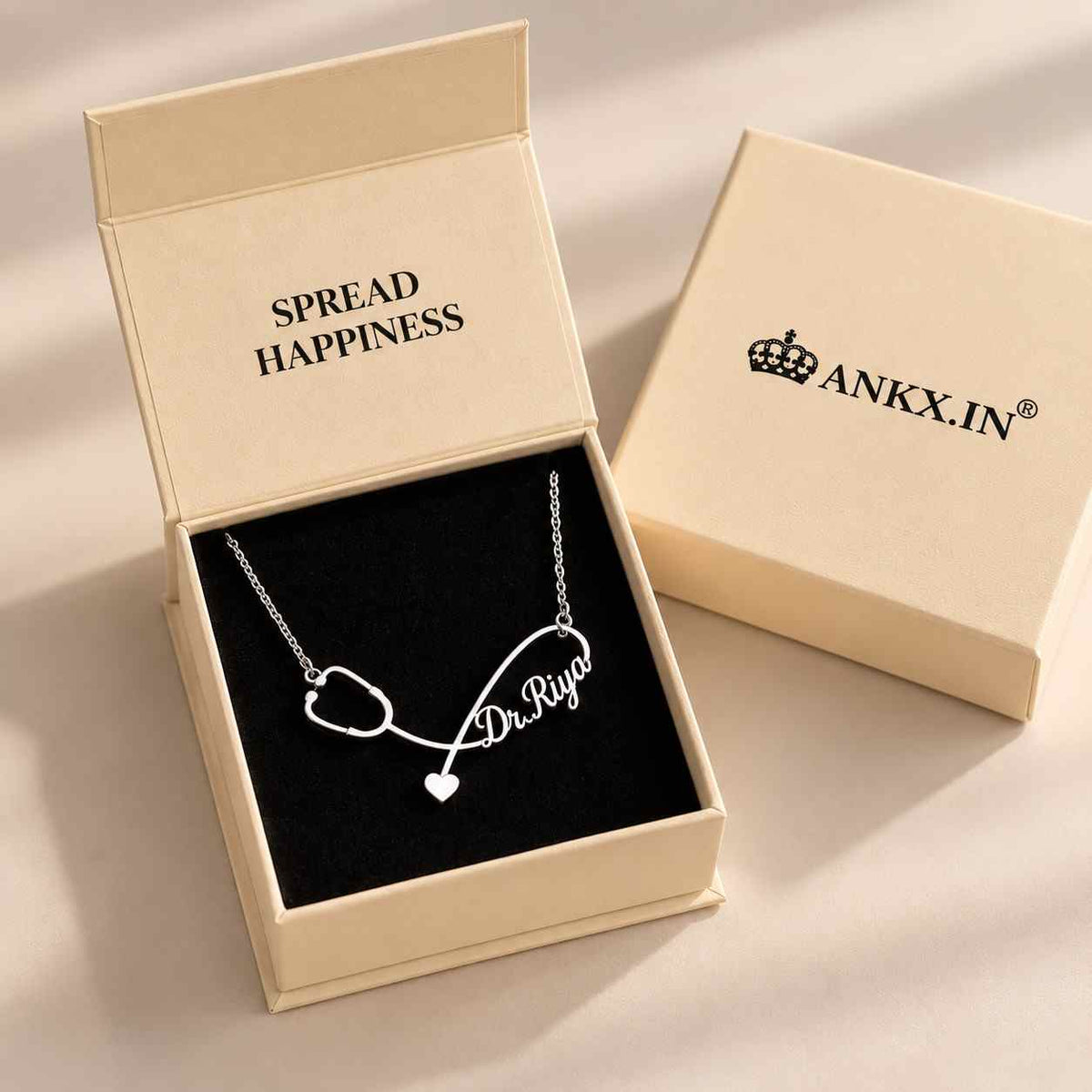 Personalized Silver Necklace with 'Dr. Riya' Name and Heart, Custom Gift for Doctors by Ankx.in