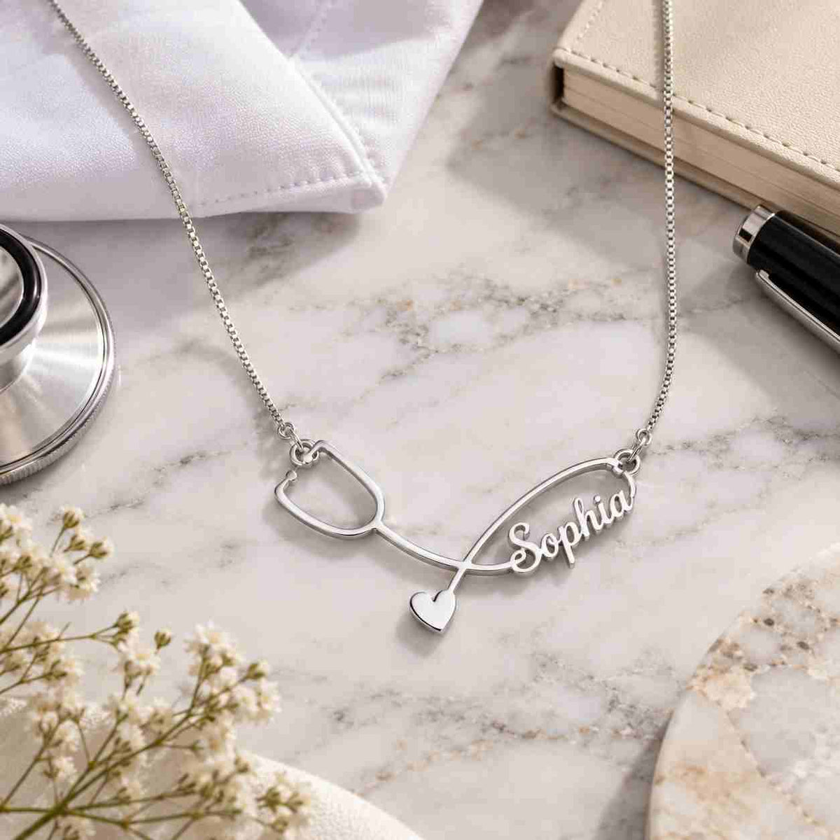 Custom Gift for Doctors Necklace featuring a personalized name 'Sophia' in silver with stethoscope design