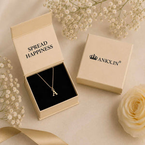Custom gold initial letter necklace featuring the alphabet A, beautifully presented in an ANKX branded gift box