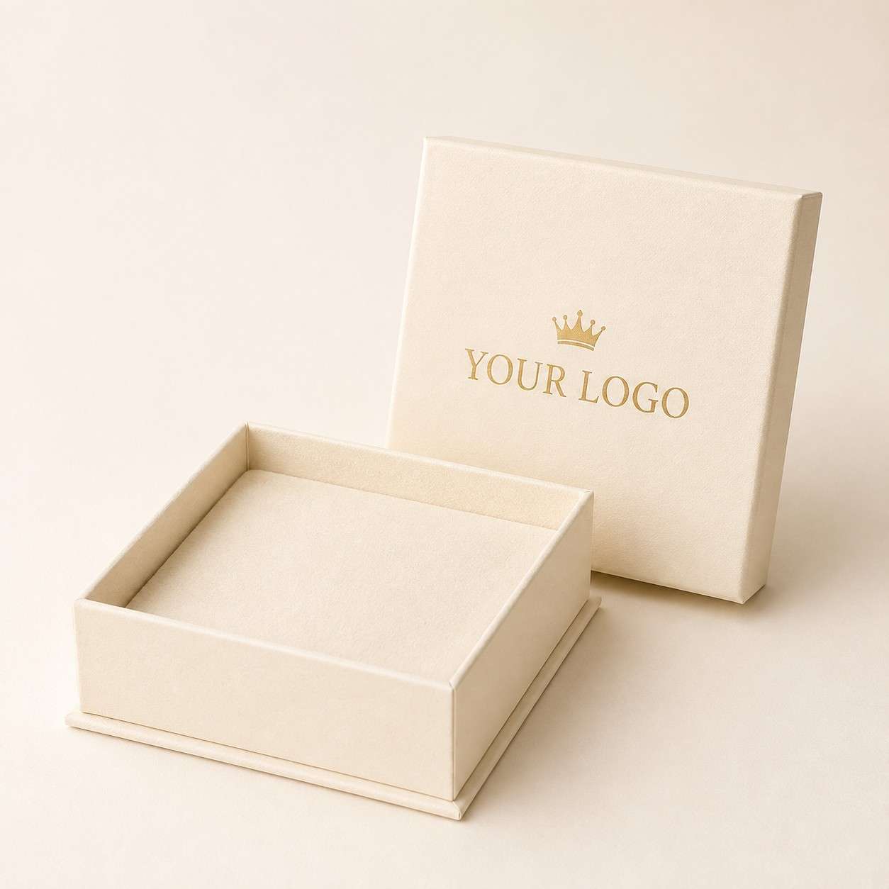 Custom Jewelry Box with Logo in beige featuring a sleek design and soft interior for precious items