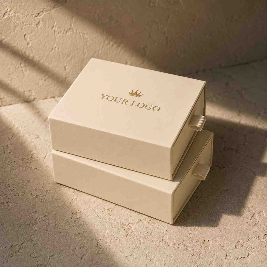 Elegant custom jewelry boxes in cream color featuring a logo design for branding purposes