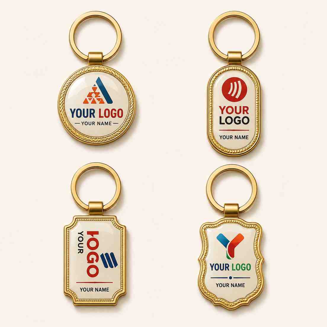 Custom Logo Keychain Set with Four Unique Designs for Personal Branding and Promotions